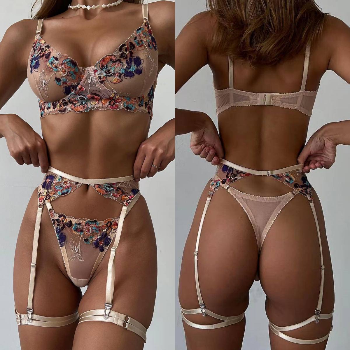 Ultra Luxury Skincare - Krasapt luxe borduurwerk doorzichtige lingerie 4-delig